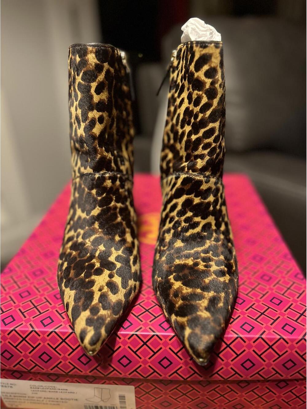 Tory Burch LILA Booties In Leopard Print Calf Hair Size 7.5
